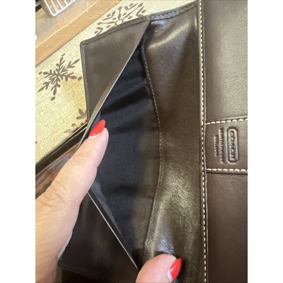 COACH Brown 8" Trifold Leather White Stitching Wallet Snap Closure - Picture 10 of 12